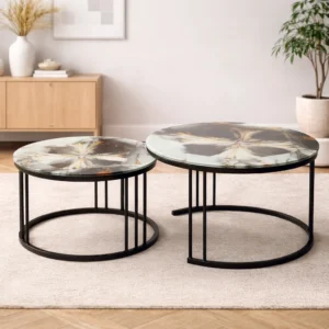 Teapoy With Marble Design Glass Top- 2 Piece, Round