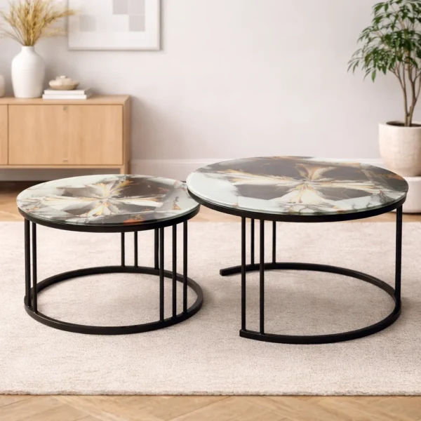 Teapoy With Marble Design Glass Top- 2 Piece, Round