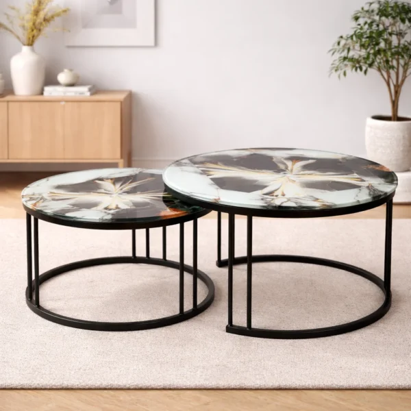 Teapoy With Marble Design Glass Top- 2 Piece, Round