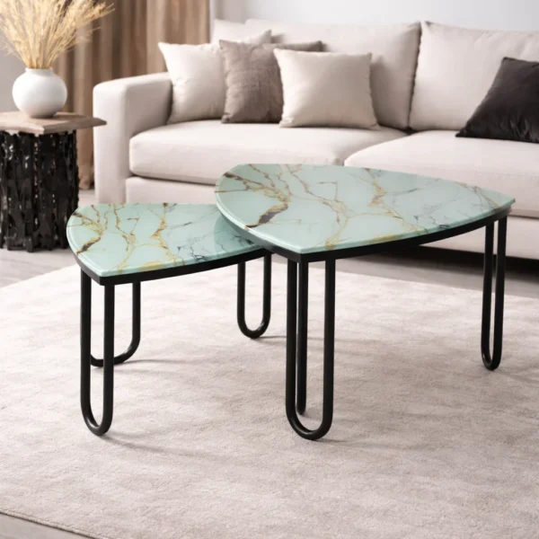 Teapoy marble top 21 Teapoy with Marble Design Glass Set- 2 Piece, Triangle