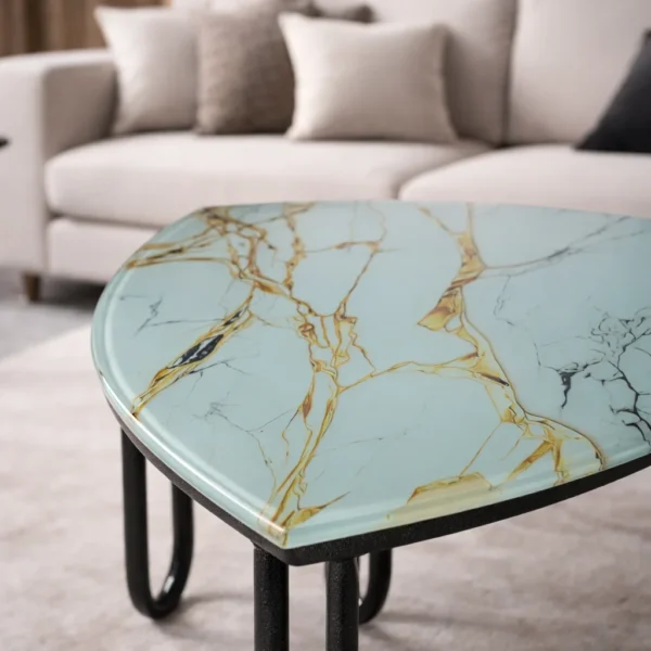 Teapoy marble top 23 Teapoy with Marble Design Glass Set- 2 Piece, Triangle